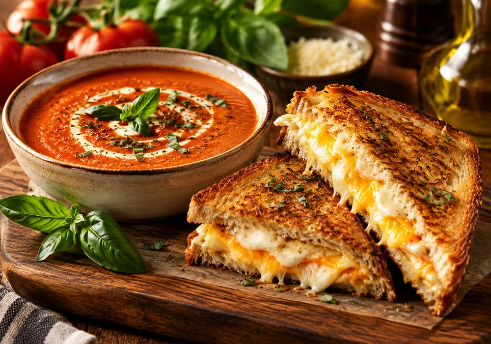 Tomato-Basil Soup & Three-Cheese Grilled Sandwich